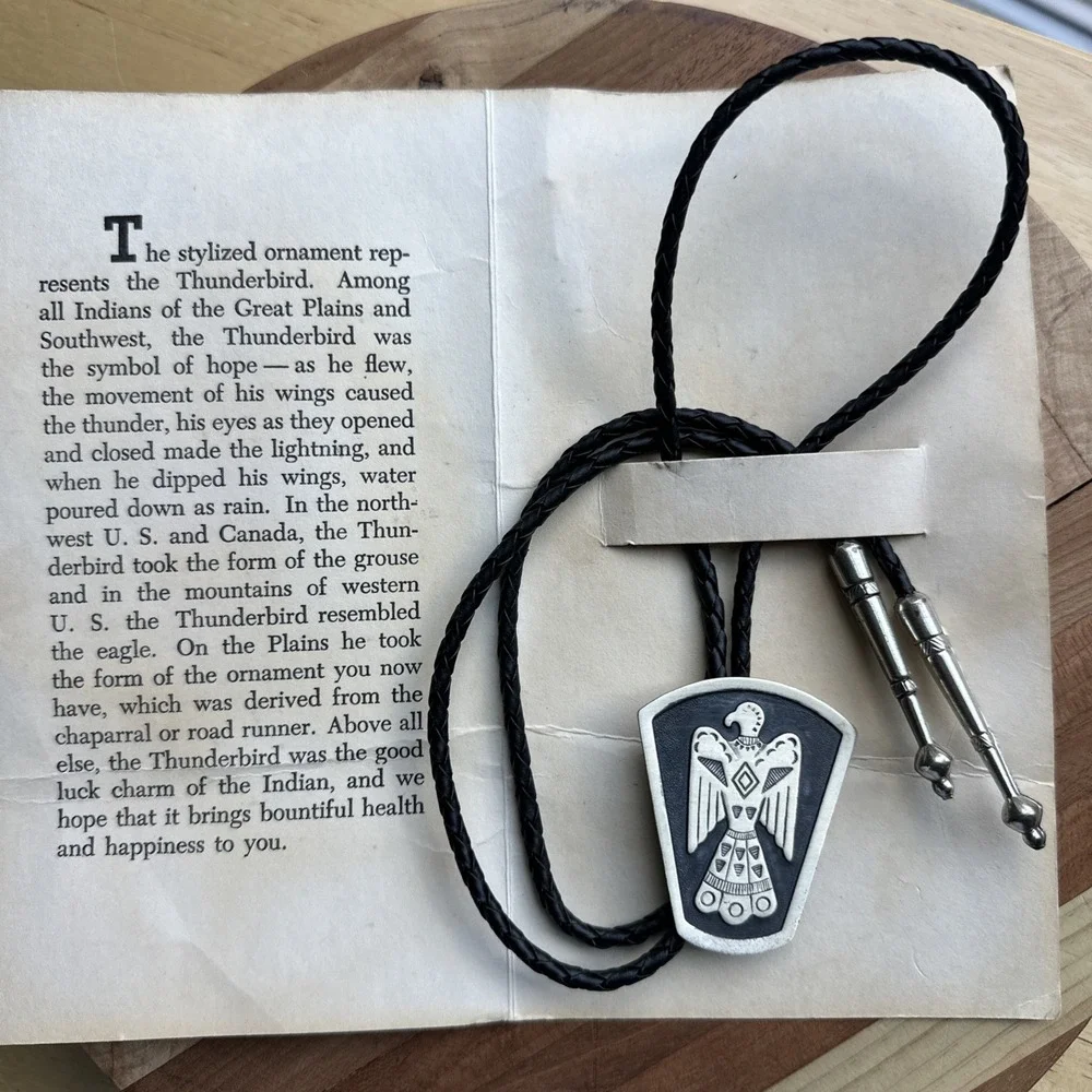 Woolaroc Thunderbird‎ Native American Bolo Tie 35 Inch Leather 925 Sterling
